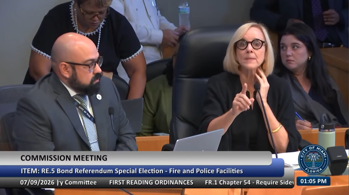 Miami Mayor Eileen Higgins points during a heated exchange with Miami commissioners at the Miami City Commission meeting on July 9, 2026.